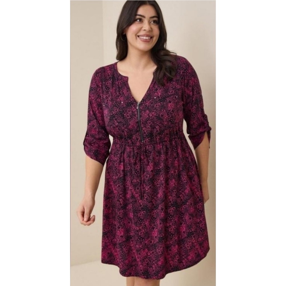 Torrid 3 3X Pink Hearts Stretch Challis Zip Front Roll Tab Shirt Dress Pockets
